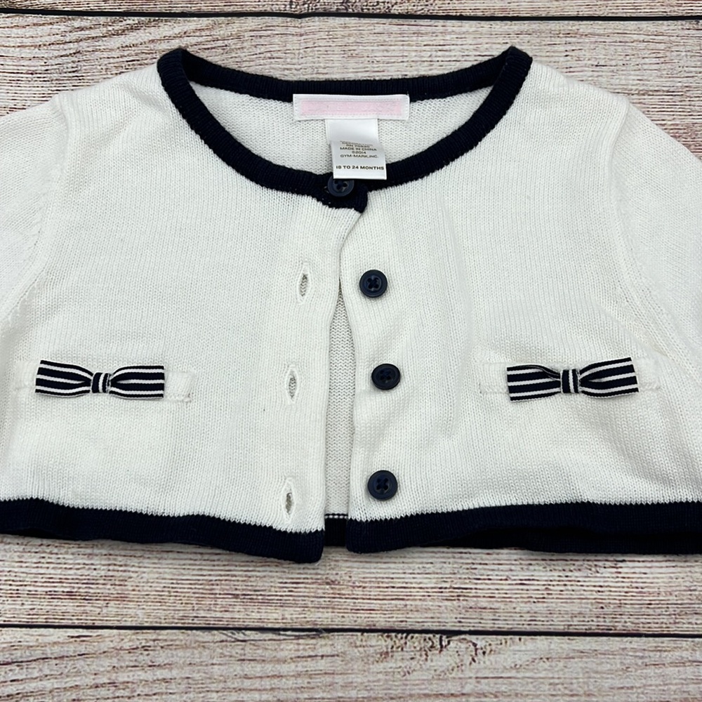 Janie and Jack Cream and Navy Cropped Cardigan Girls Size 18 to 24 Months - Picture 3 of 5